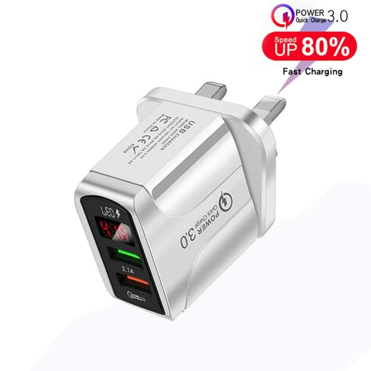 F002C QC3.0 USB + USB 2.0 LED Digital Display Fast Charger with USB to 8 Pin Data Cable, UK Plug