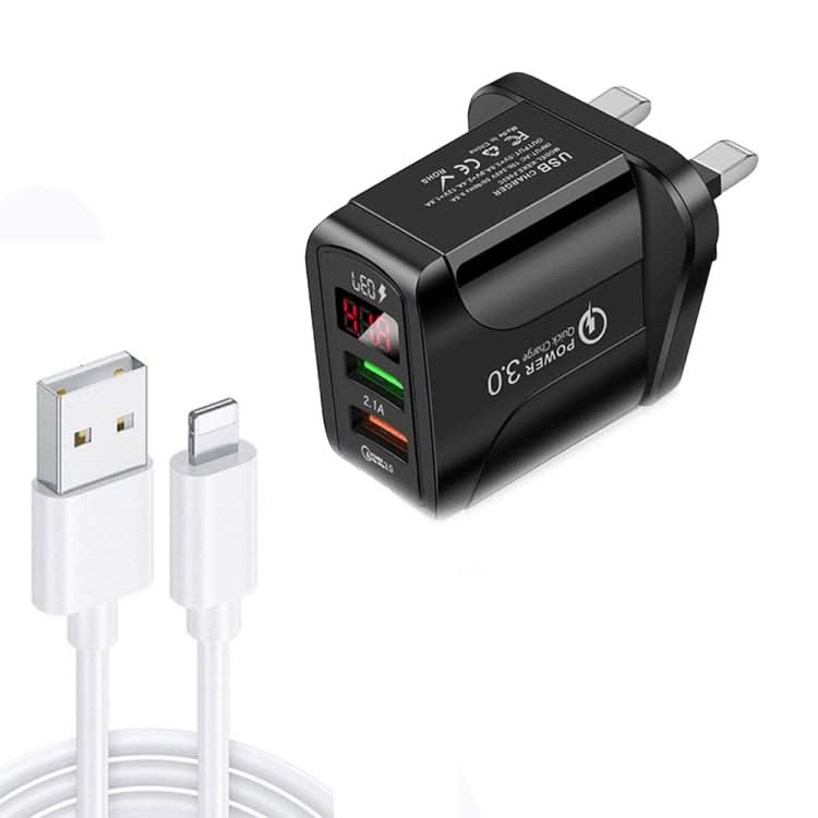 F002C QC3.0 USB + USB 2.0 LED Digital Display Fast Charger with USB to 8 Pin Data Cable, UK Plug