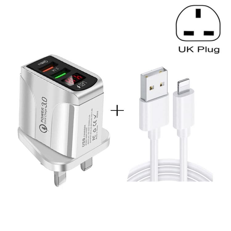 F002C QC3.0 USB + USB 2.0 LED Digital Display Fast Charger with USB to 8 Pin Data Cable, UK Plug