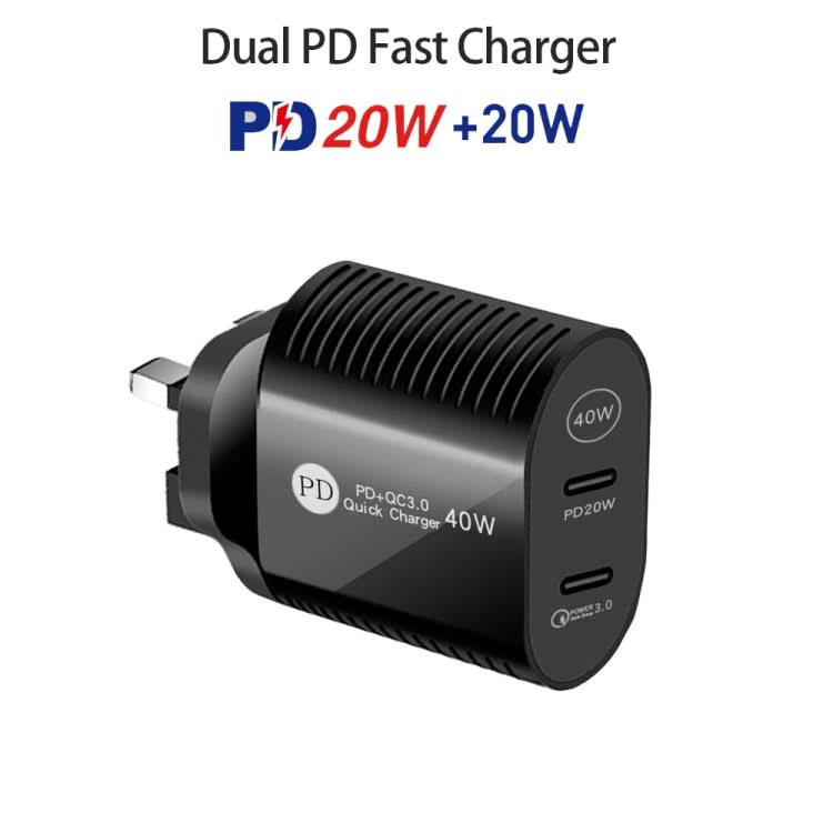 40W Dual Port PD / Type-C Fast Charger for iPhone / iPad Series, UK Plug