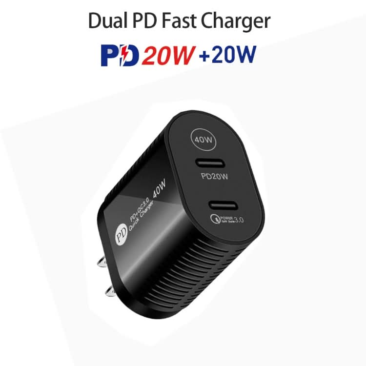 40W Dual Port PD / Type-C Fast Charger with Type-C to 8 Pin Data Cable, US Plug