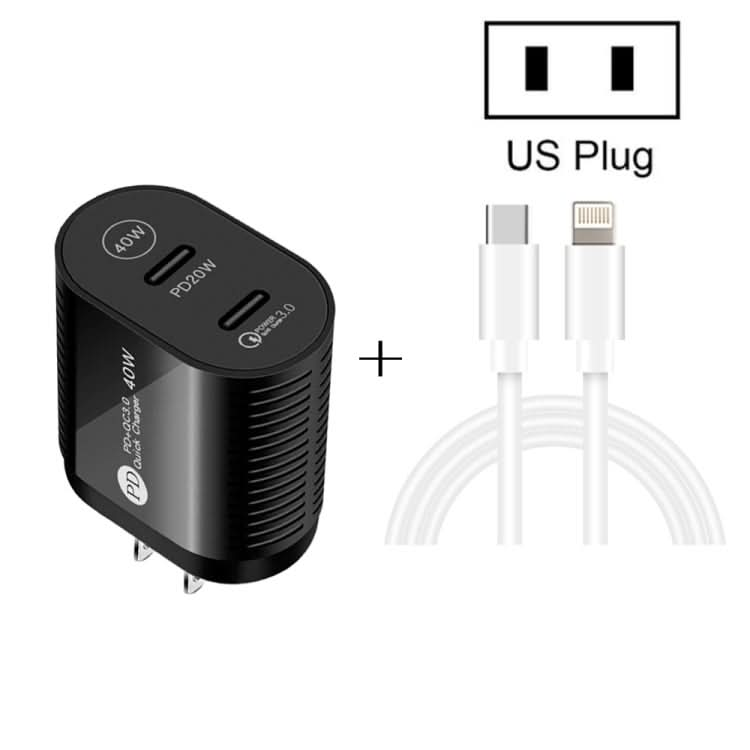 40W Dual Port PD / Type-C Fast Charger with Type-C to 8 Pin Data Cable, US Plug