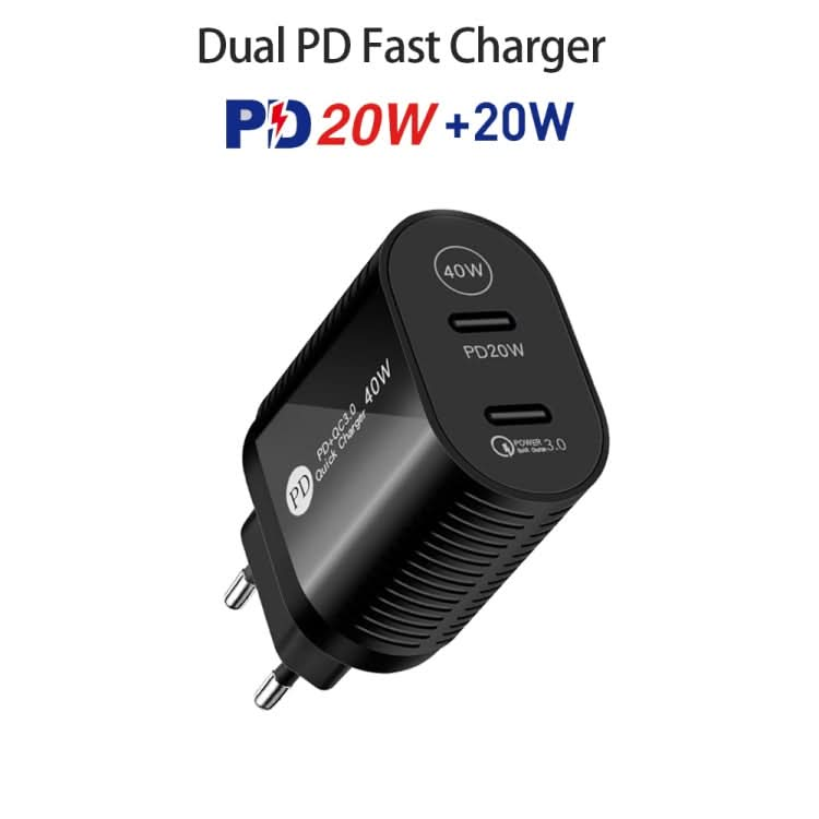 40W Dual Port PD / Type-C Fast Charger with Type-C to 8 Pin Data Cable, EU Plug