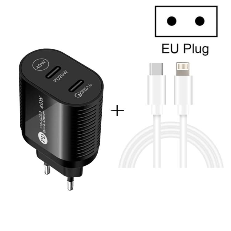 40W Dual Port PD / Type-C Fast Charger with Type-C to 8 Pin Data Cable, EU Plug