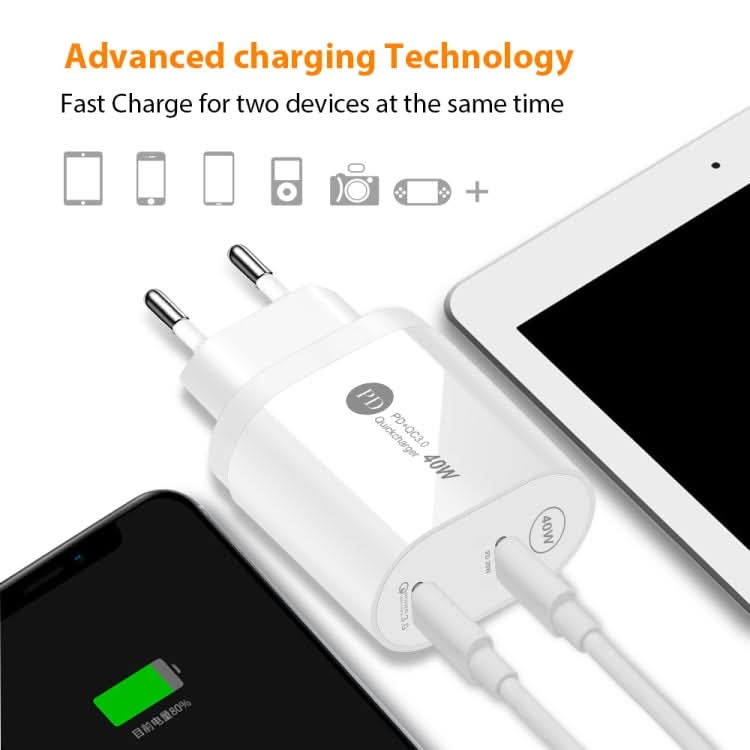 40W Dual Port PD / Type-C Fast Charger with Type-C to 8 Pin Data Cable, EU Plug