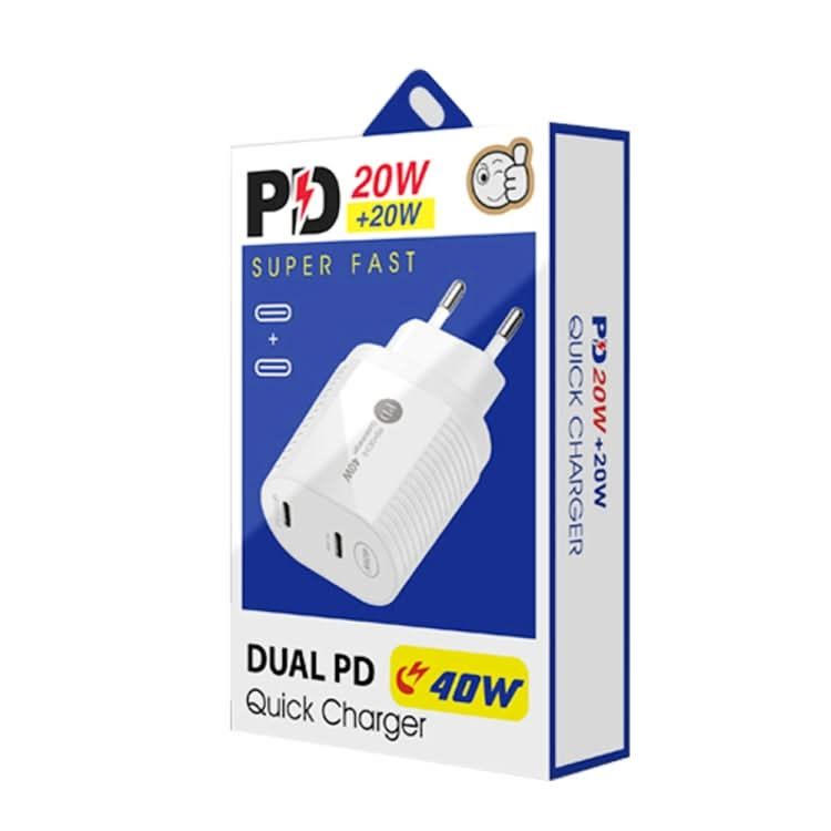 40W Dual Port PD / Type-C Fast Charger with Type-C to 8 Pin Data Cable, EU Plug