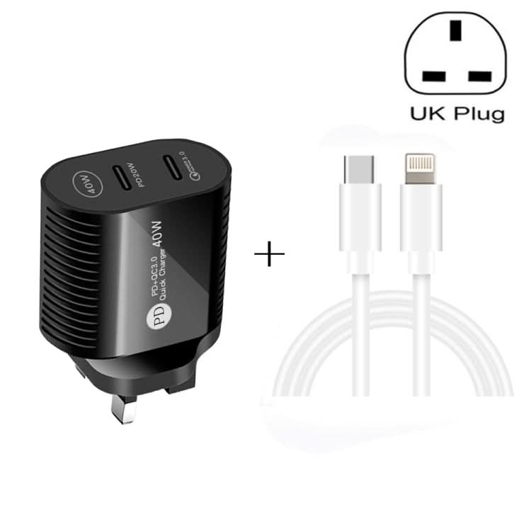 40W Dual Port PD / Type-C Fast Charger with Type-C to 8 Pin Data Cable, UK Plug