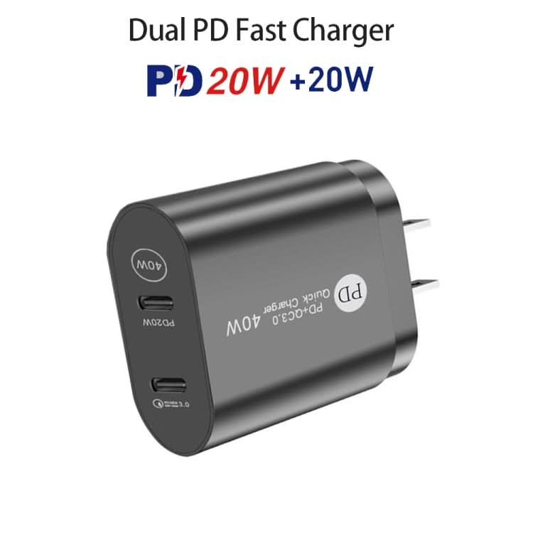 002 40W Dual Port PD / Type-C Fast Charger with USB-C to 8 Pin Data Cable, US Plug