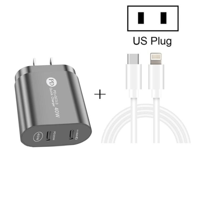 002 40W Dual Port PD / Type-C Fast Charger with USB-C to 8 Pin Data Cable, US Plug