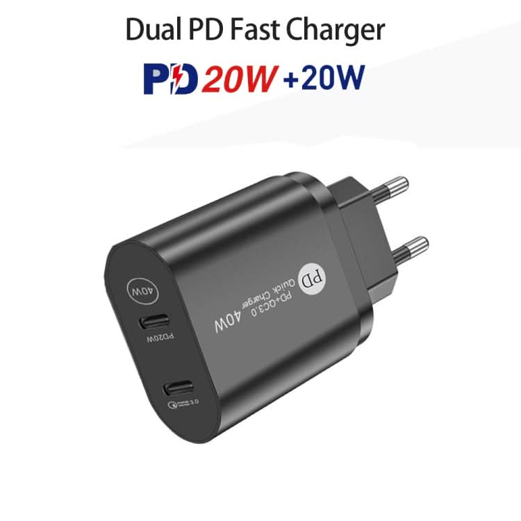 002 40W Dual Port PD / Type-C Fast Charger with USB-C to 8 Pin Data Cable, EU Plug