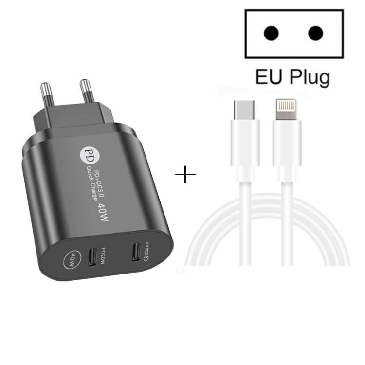 002 40W Dual Port PD / Type-C Fast Charger with USB-C to 8 Pin Data Cable, EU Plug