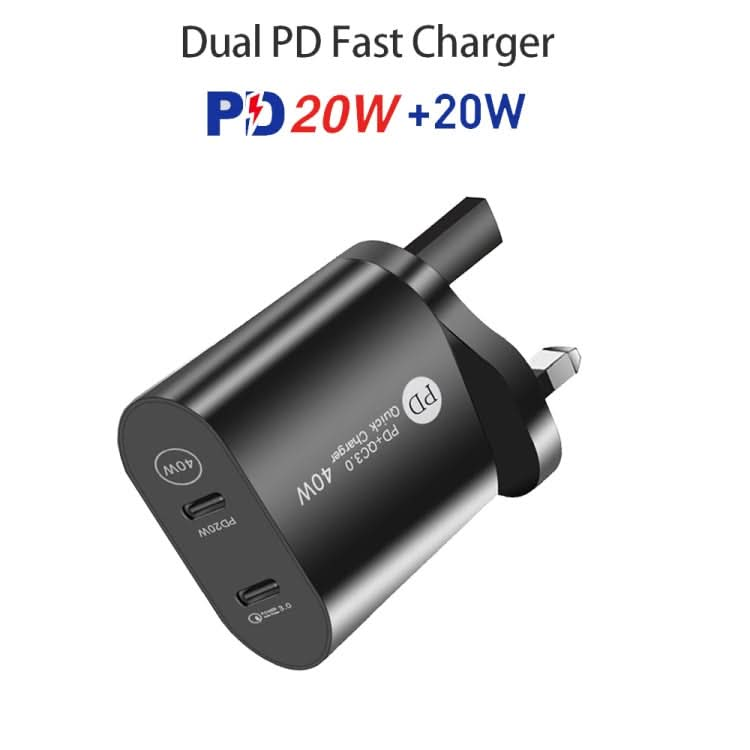 002 40W Dual Port PD / Type-C Fast Charger with USB-C to 8 Pin Data Cable, UK Plug