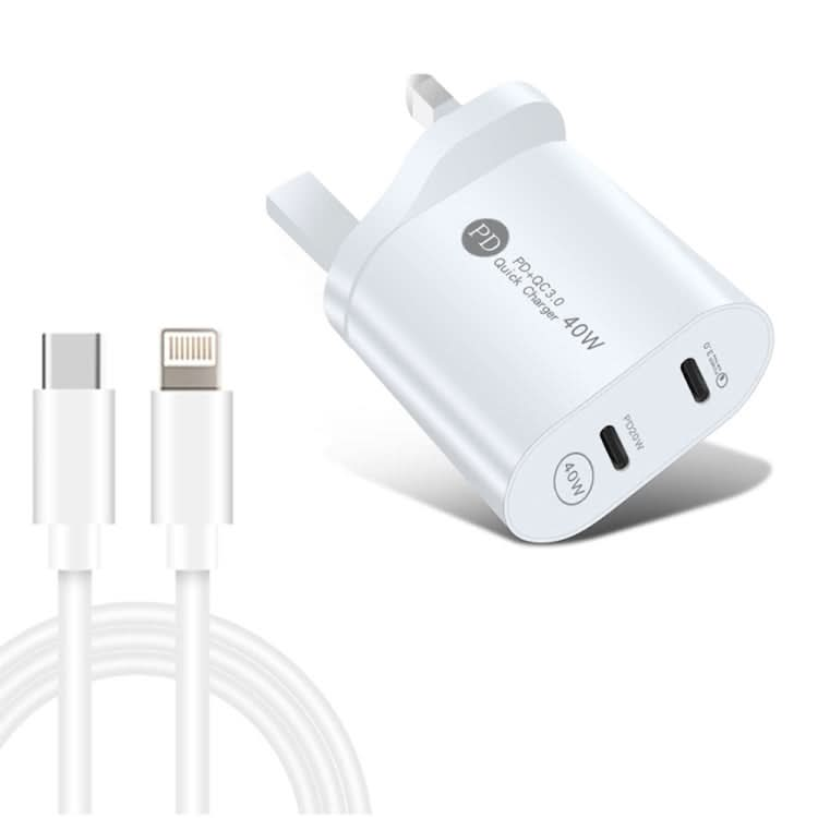 002 40W Dual Port PD / Type-C Fast Charger with USB-C to 8 Pin Data Cable, UK Plug