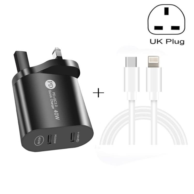 002 40W Dual Port PD / Type-C Fast Charger with USB-C to 8 Pin Data Cable, UK Plug