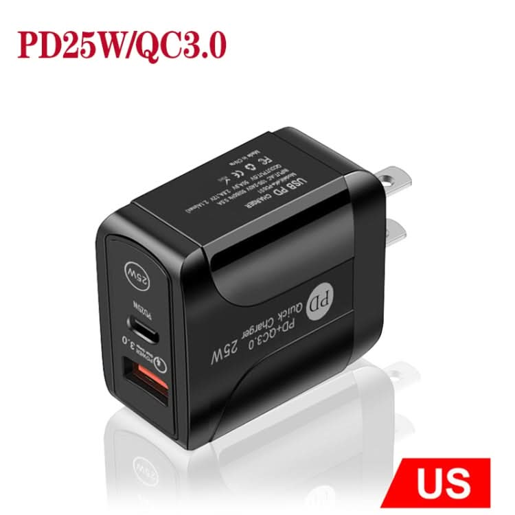 PD25W USB-C / Type-C + QC3.0 USB Dual Ports Fast Charger, US Plug