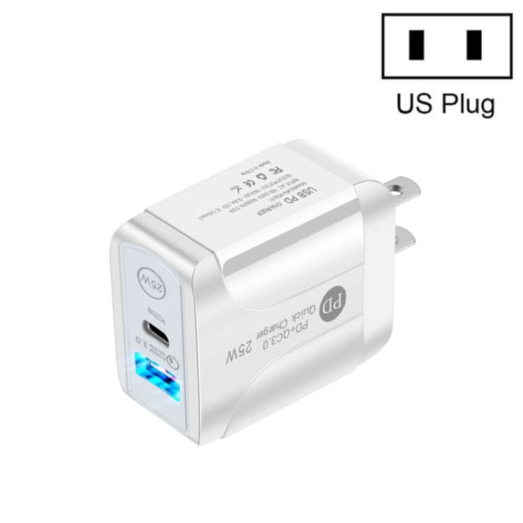 PD25W USB-C / Type-C + QC3.0 USB Dual Ports Fast Charger, US Plug