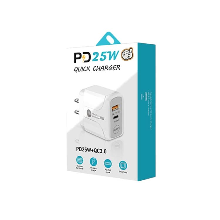 PD25W USB-C / Type-C + QC3.0 USB Dual Ports Fast Charger, US Plug