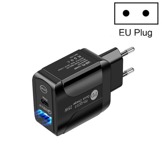 PD25W USB-C / Type-C + QC3.0 USB Dual Ports Fast Charger, EU Plug