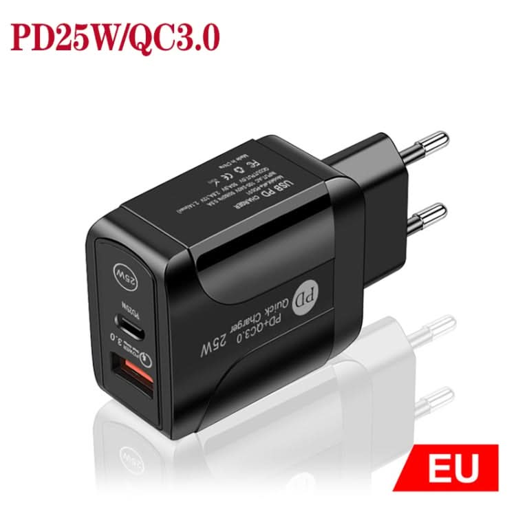 PD25W USB-C / Type-C + QC3.0 USB Dual Ports Fast Charger, EU Plug