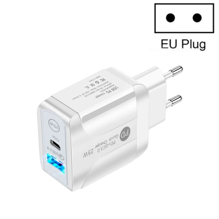 PD25W USB-C / Type-C + QC3.0 USB Dual Ports Fast Charger, EU Plug