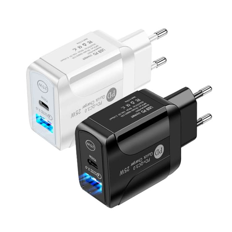 PD25W USB-C / Type-C + QC3.0 USB Dual Ports Fast Charger, EU Plug