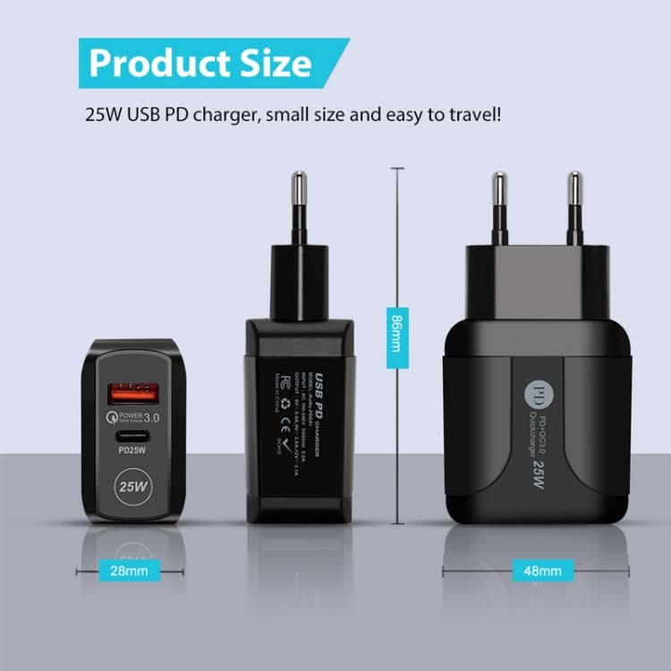 PD25W USB-C / Type-C + QC3.0 USB Dual Ports Fast Charger, EU Plug