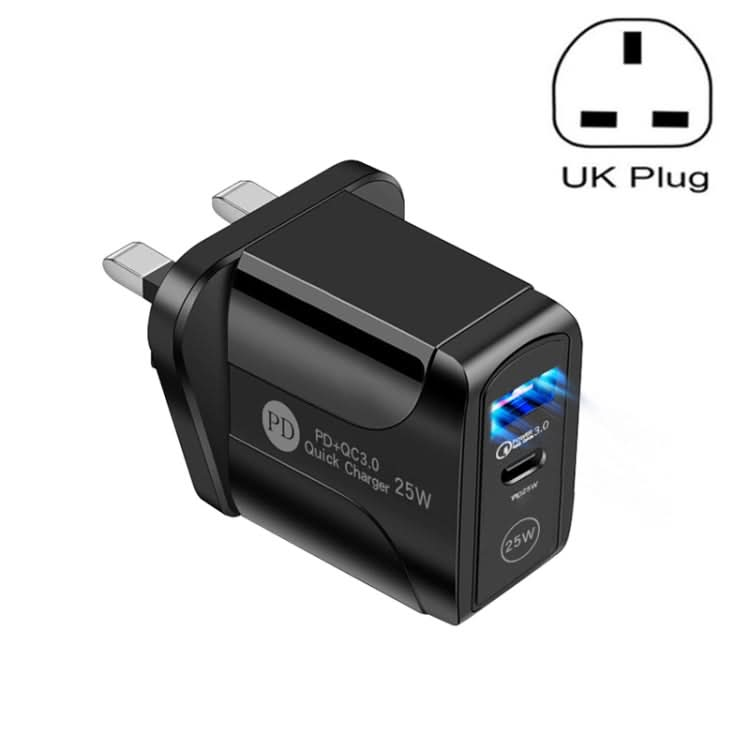 PD25W USB-C / Type-C + QC3.0 USB Dual Ports Fast Charger, UK Plug