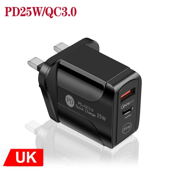 PD25W USB-C / Type-C + QC3.0 USB Dual Ports Fast Charger, UK Plug