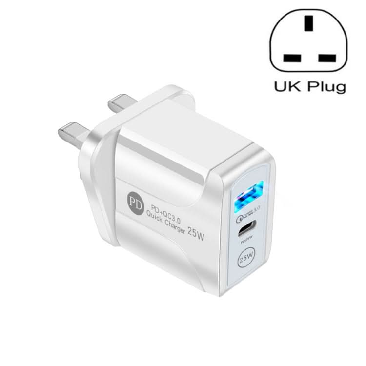 PD25W USB-C / Type-C + QC3.0 USB Dual Ports Fast Charger, UK Plug