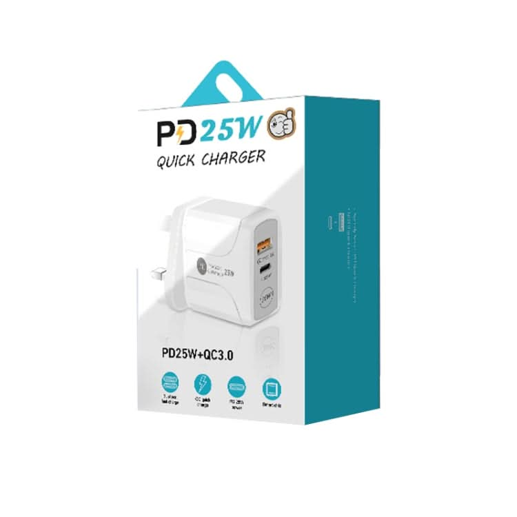 PD25W USB-C / Type-C + QC3.0 USB Dual Ports Fast Charger, UK Plug