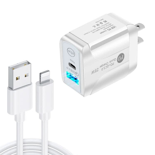 PD25W USB-C / Type-C + QC3.0 USB Dual Ports Fast Charger with USB to 8 Pin Data Cable, US Plug