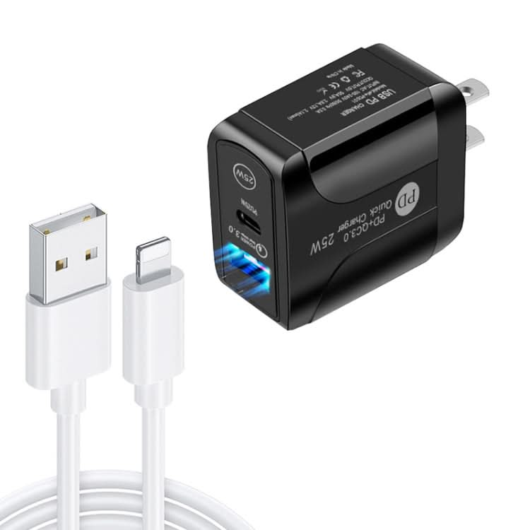 PD25W USB-C / Type-C + QC3.0 USB Dual Ports Fast Charger with USB to 8 Pin Data Cable, US Plug