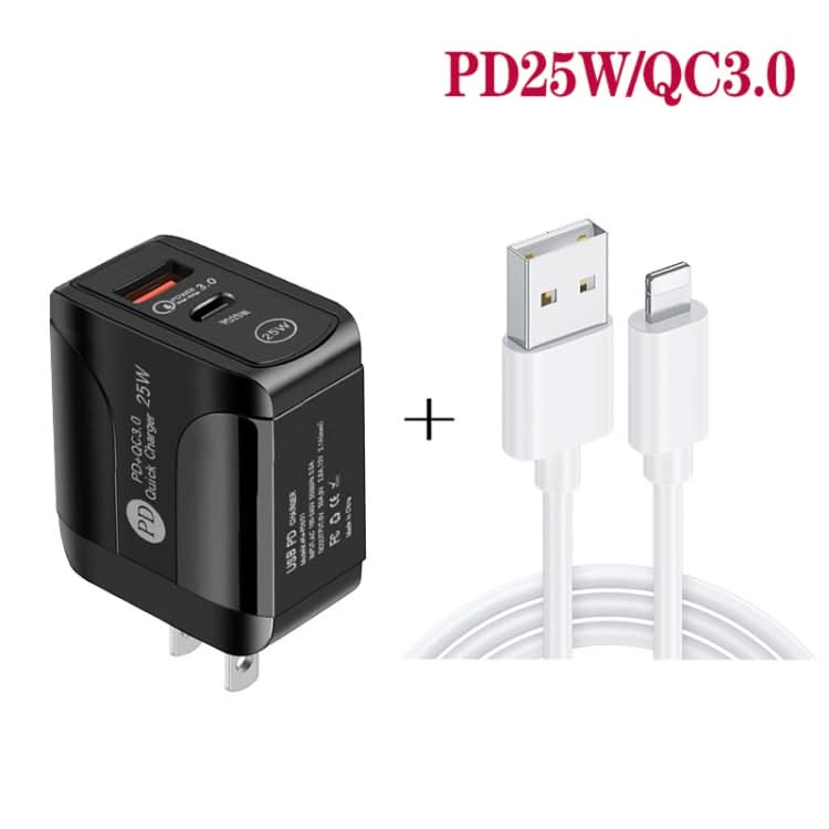 PD25W USB-C / Type-C + QC3.0 USB Dual Ports Fast Charger with USB to 8 Pin Data Cable, US Plug