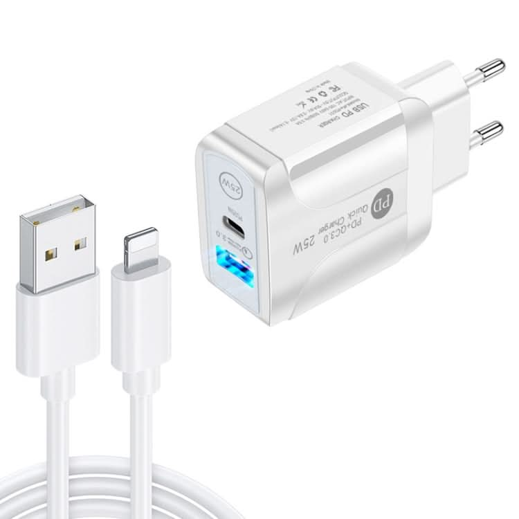 PD25W USB-C / Type-C + QC3.0 USB Dual Ports Fast Charger with USB to 8 Pin Data Cable, EU Plug