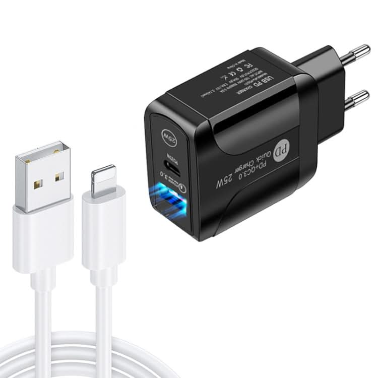 PD25W USB-C / Type-C + QC3.0 USB Dual Ports Fast Charger with USB to 8 Pin Data Cable, EU Plug