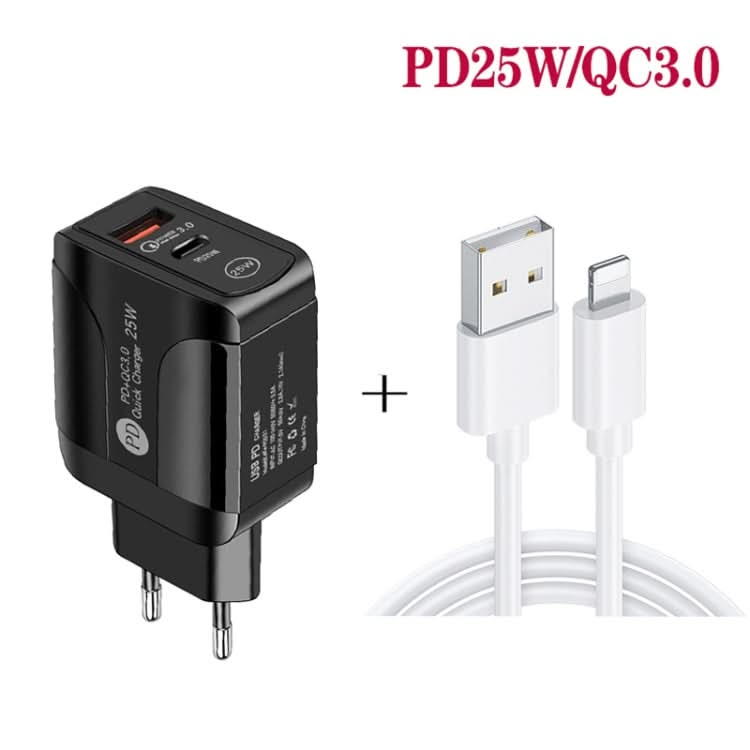 PD25W USB-C / Type-C + QC3.0 USB Dual Ports Fast Charger with USB to 8 Pin Data Cable, EU Plug