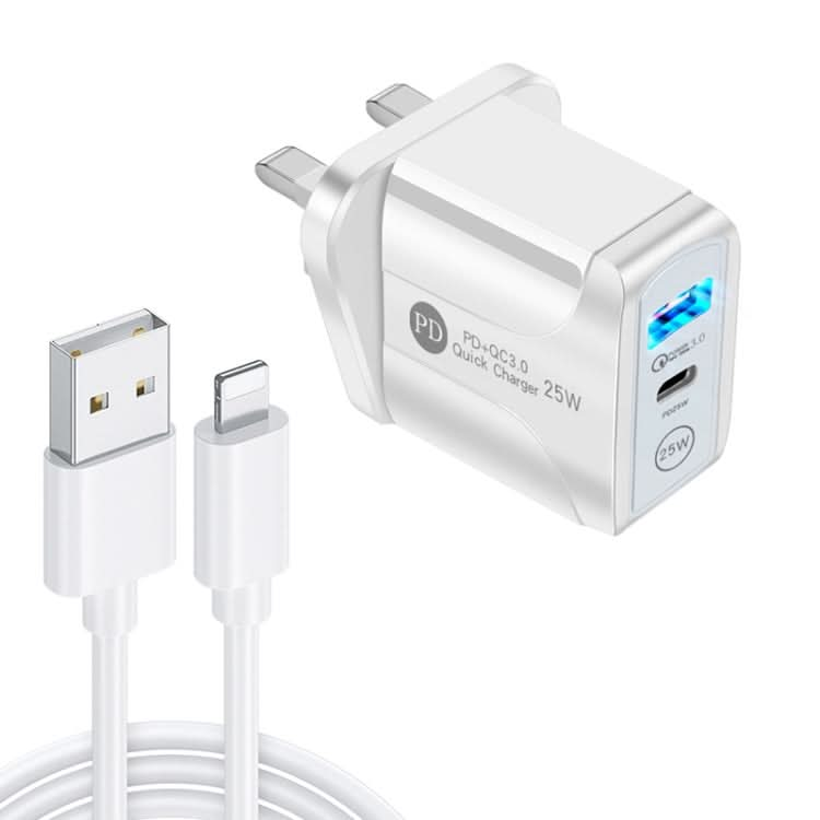 PD25W USB-C / Type-C + QC3.0 USB Dual Ports Fast Charger with USB to 8 Pin Data Cable, UK Plug