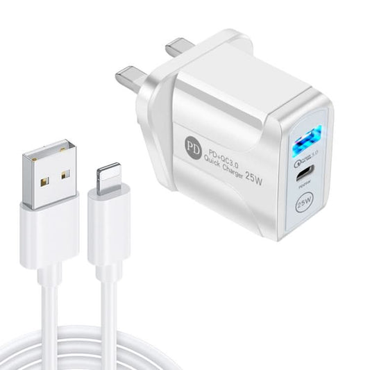 PD25W USB-C / Type-C + QC3.0 USB Dual Ports Fast Charger with USB to 8 Pin Data Cable, UK Plug