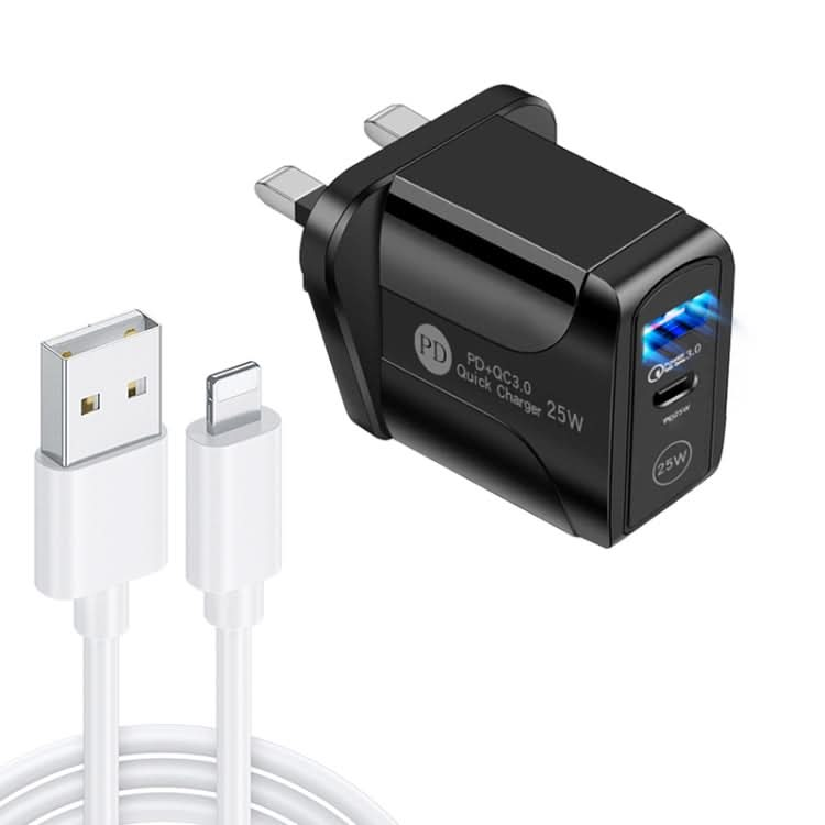 PD25W USB-C / Type-C + QC3.0 USB Dual Ports Fast Charger with USB to 8 Pin Data Cable, UK Plug