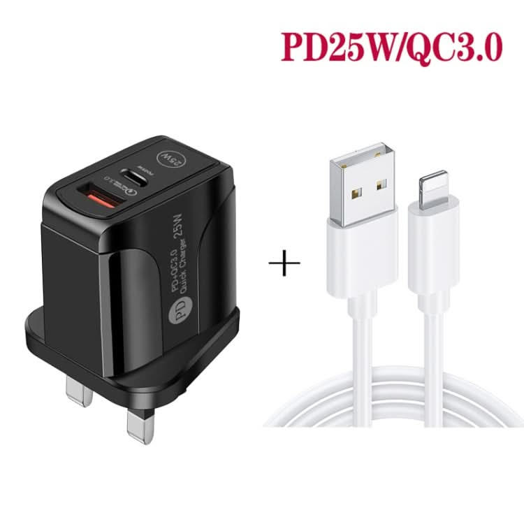 PD25W USB-C / Type-C + QC3.0 USB Dual Ports Fast Charger with USB to 8 Pin Data Cable, UK Plug