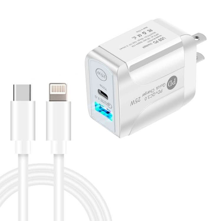 PD25W USB-C / Type-C + QC3.0 USB Dual Ports Fast Charger with USB-C to 8 Pin Data Cable, US Plug