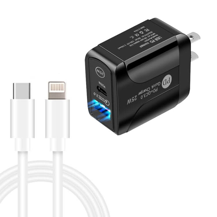 PD25W USB-C / Type-C + QC3.0 USB Dual Ports Fast Charger with USB-C to 8 Pin Data Cable, US Plug