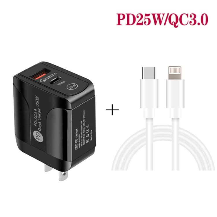 PD25W USB-C / Type-C + QC3.0 USB Dual Ports Fast Charger with USB-C to 8 Pin Data Cable, US Plug