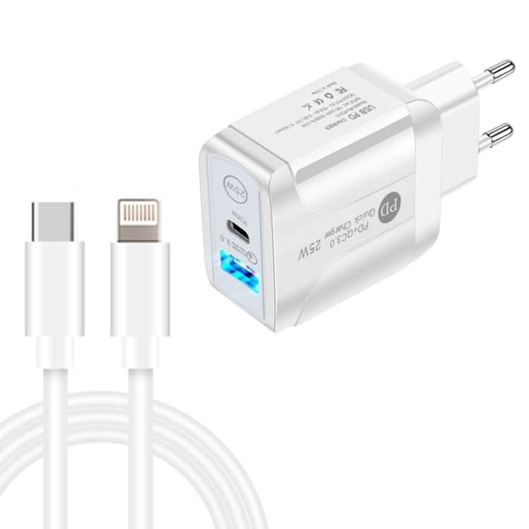 PD25W USB-C / Type-C + QC3.0 USB Dual Ports Fast Charger with USB-C to 8 Pin Data Cable, EU Plug