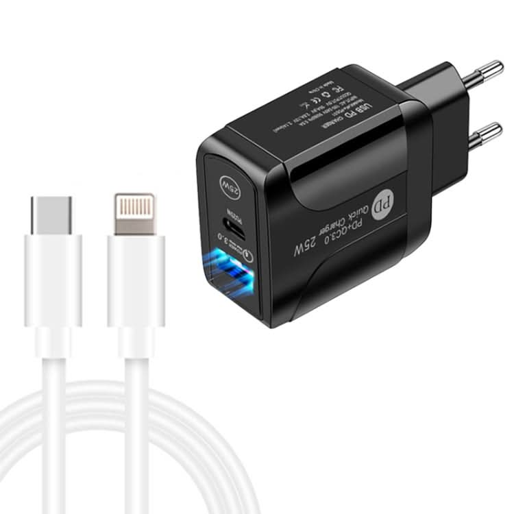 PD25W USB-C / Type-C + QC3.0 USB Dual Ports Fast Charger with USB-C to 8 Pin Data Cable, EU Plug