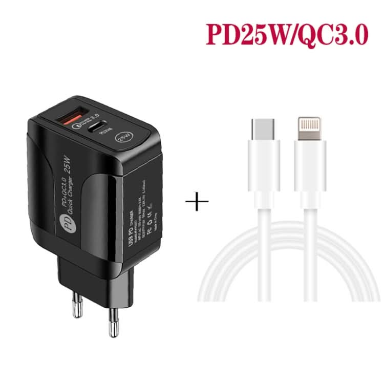 PD25W USB-C / Type-C + QC3.0 USB Dual Ports Fast Charger with USB-C to 8 Pin Data Cable, EU Plug