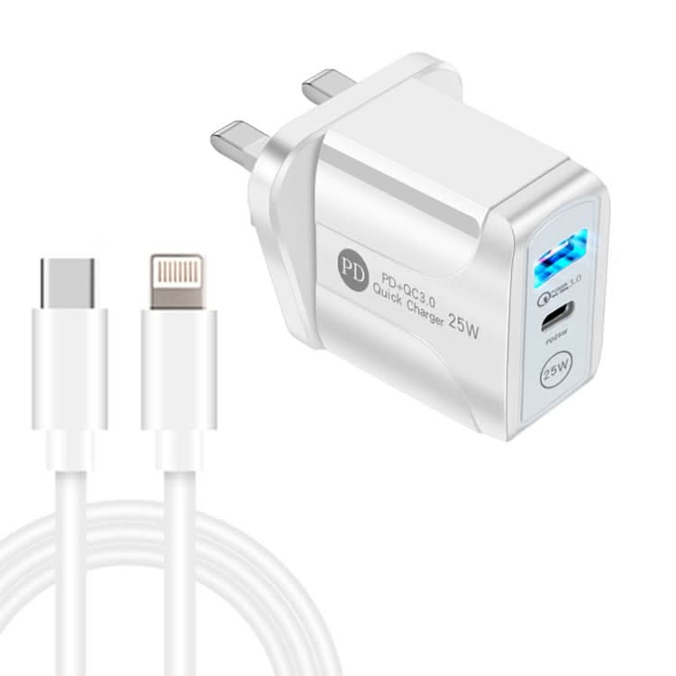 PD25W USB-C / Type-C + QC3.0 USB Dual Ports Fast Charger with USB-C to 8 Pin Data Cable, UK Plug