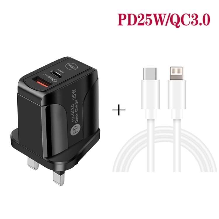 PD25W USB-C / Type-C + QC3.0 USB Dual Ports Fast Charger with USB-C to 8 Pin Data Cable, UK Plug