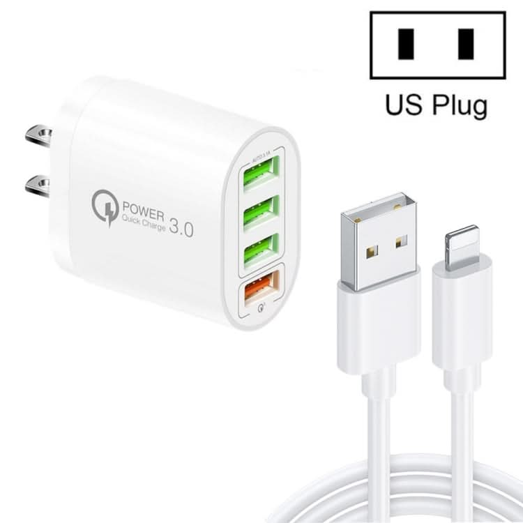 QC-04 QC3.0 + 3 x USB2.0 Multi-ports Charger with 3A USB to 8 Pin Data Cable,US Plug