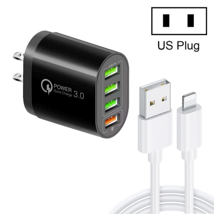 QC-04 QC3.0 + 3 x USB2.0 Multi-ports Charger with 3A USB to 8 Pin Data Cable,US Plug